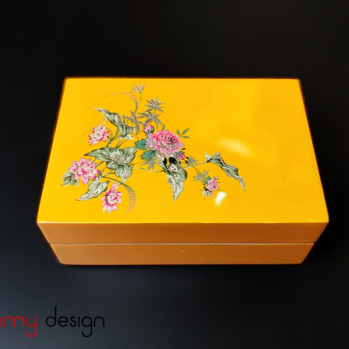 Yellow rectangle lacquer business card box with rose pattern  10*7*H4 cm